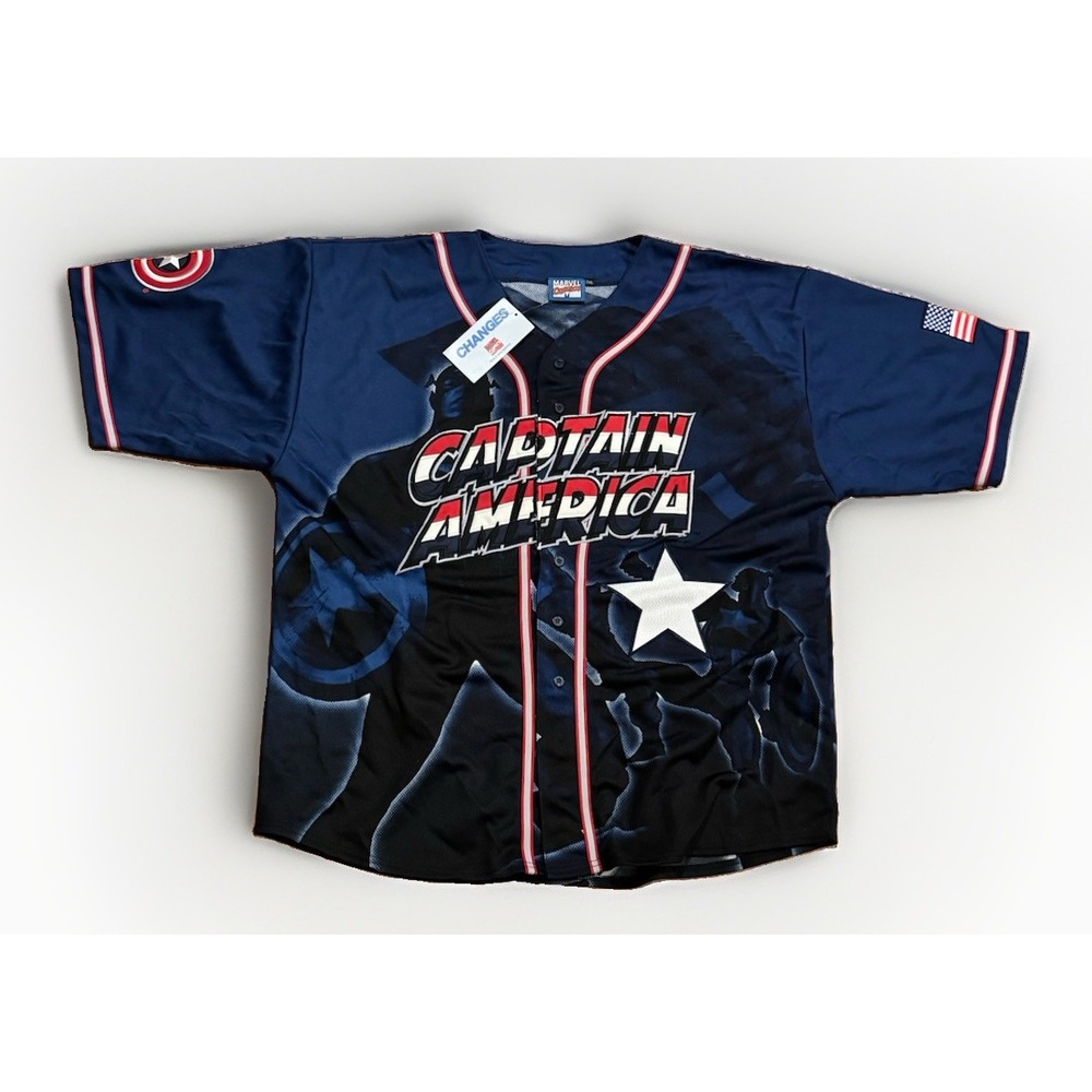 Vintage Changes Marvel Comics Captain America Baseball Jersey 2XL AOP 2002 New